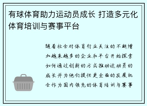 有球体育助力运动员成长 打造多元化体育培训与赛事平台